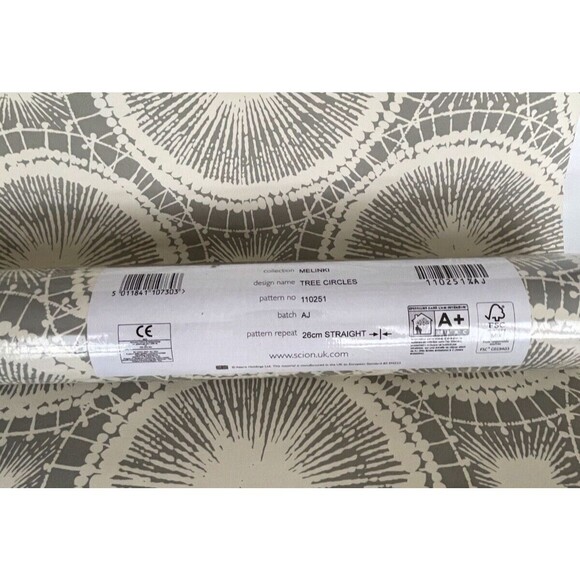1 Roll of Scion Melinki Wall Paper Tree Circles No 110251 Beige/Gray NEW - Picture 2 of 12